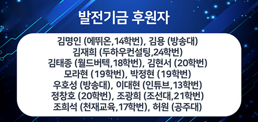 김명인(에뛰온,14핛번), 김용(방송대), 김재희(두하우컨설팅,24학번), 김태종(월드버텍,18학번), 김현서(20학번), 모라현(19학번), 박정현(19학번), 우호성(방송대), 이대현(인튜브,13학번), 정창호(20학번), 조광희(조선대, 21학번), 조희석(천재교육, 17학번), 허원(공주대)